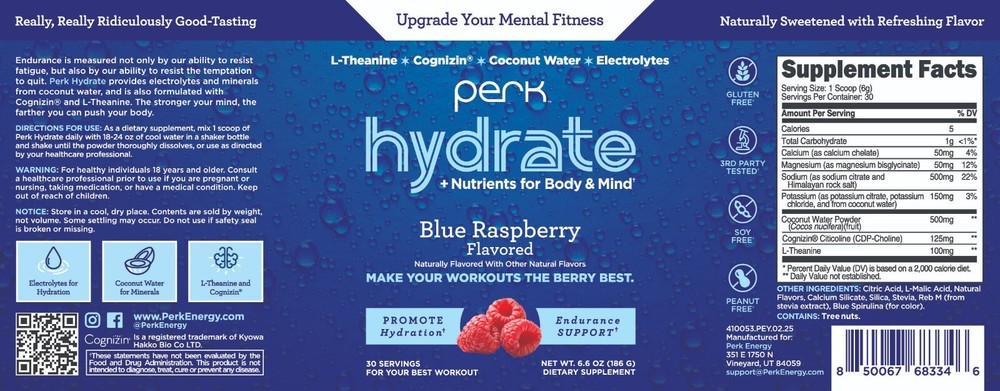 Perk Hydrate Blue Raspberry Flavored Electrolyte Drink Mix Powder