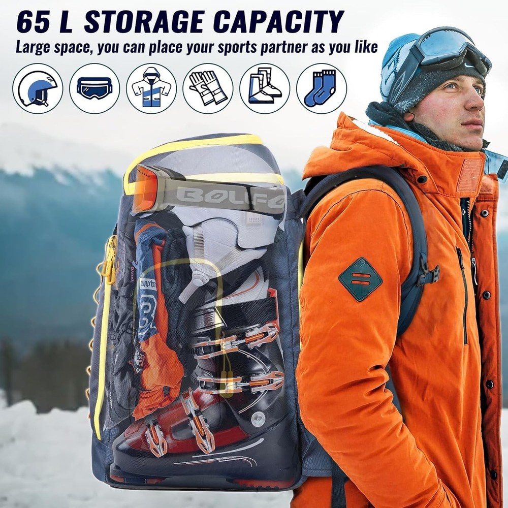Ski Boot Bag 65L Durable Travel Backpack 1680D Nylon Waterproof Snowboard Boot