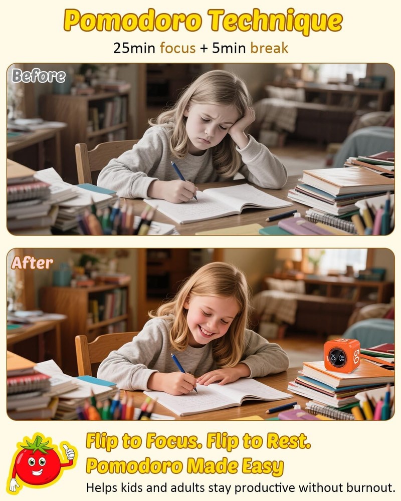 Digital Pomodoro Timer Cube 5/10/25/50min, Visual Productivity Flip Timer for Ki