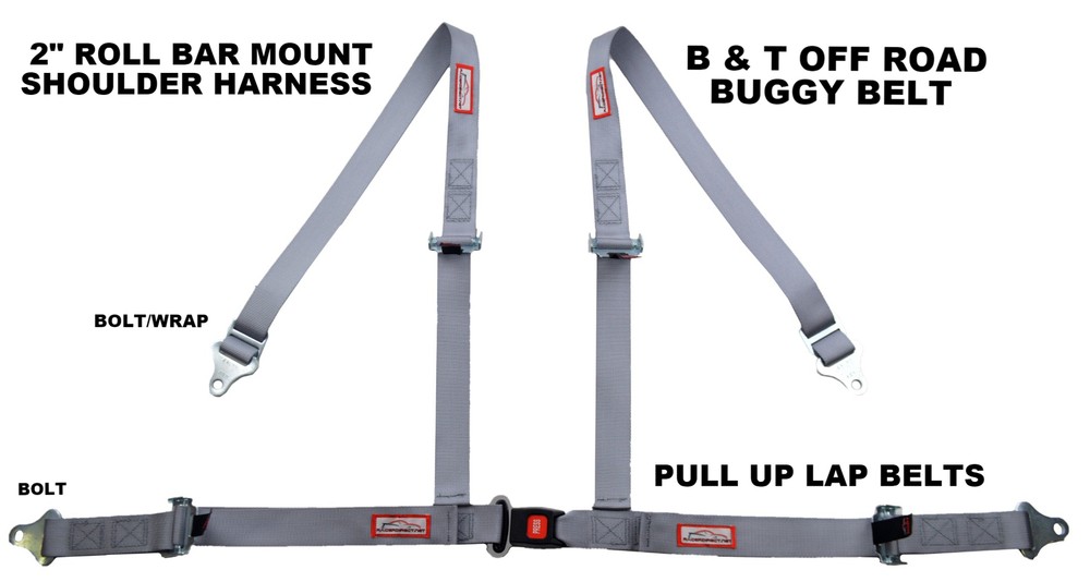 FOUR POINT SEAT BELT RACE HARNESS PULL UP LAP BELTS ROLL BAR MOUNT GREY