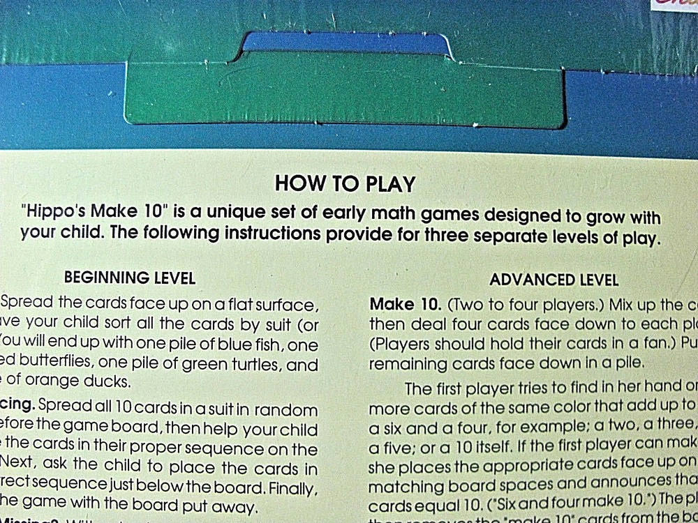 1990 Time-Life Early Learning Program Hippo's Make 10 Math Game for Ages 3 & Up