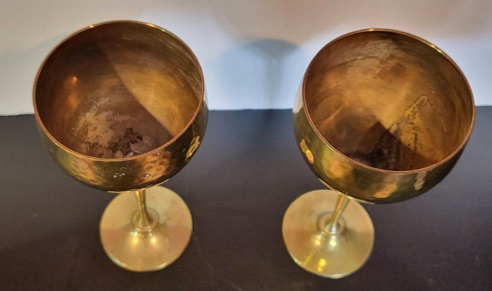 Vintage Brass Wine Goblets, Hammered Finish, India
