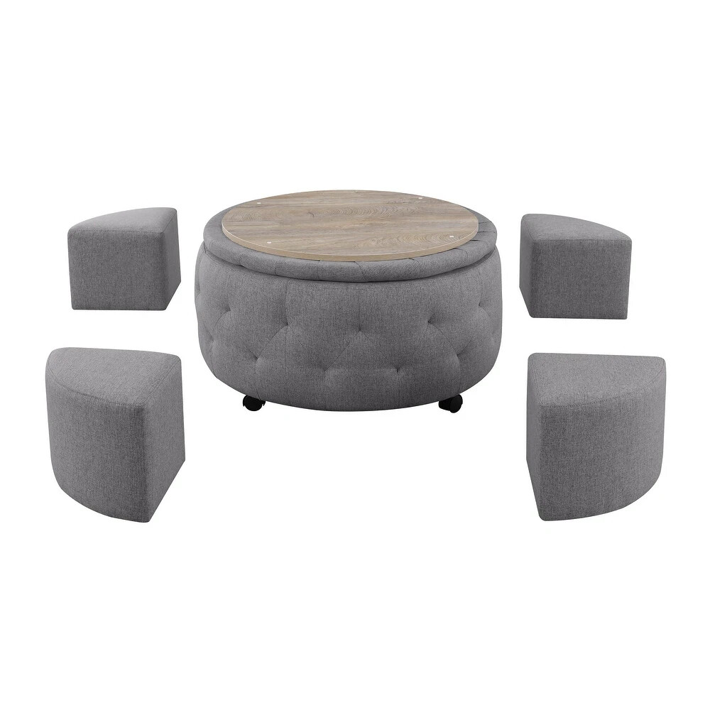 Round Rolling Storage Ottoman Cocktail Set with 4 Ottomans in Dark Grey
