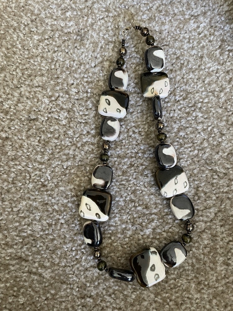 Black White Polished Stone Beaded Necklace Chunky Abstract Modern Statement