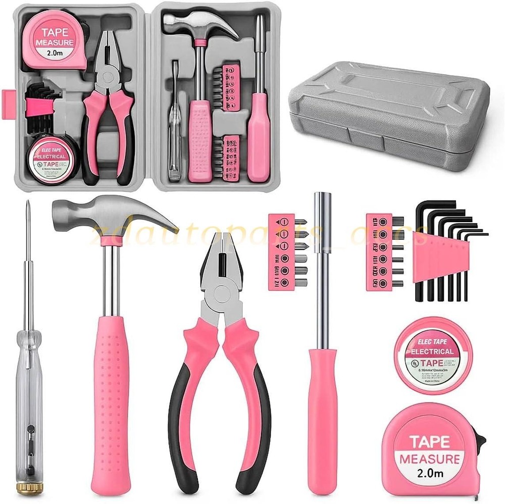 25PCS Pink Household DIY Tool Kit, Small Mini Tool Box Set of Starter Basic Tool