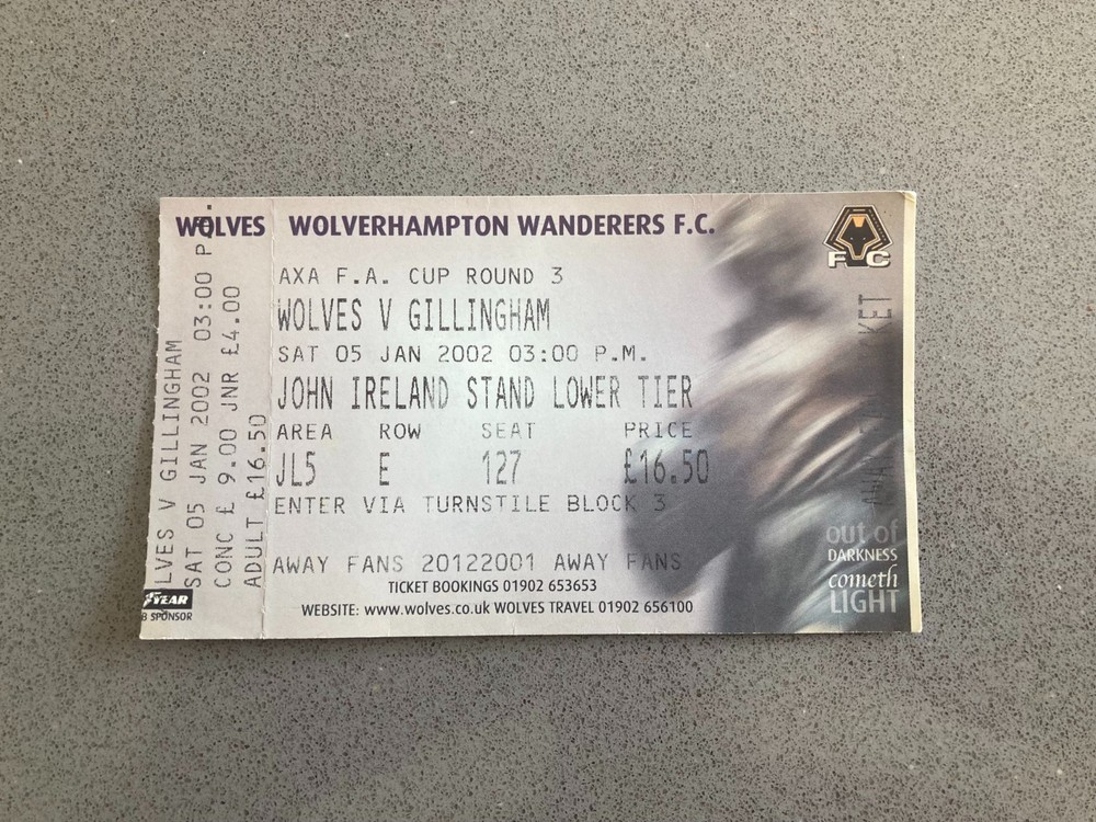 Wolverhampton Wanderers v Gillingham 2001-02 Match Ticket
