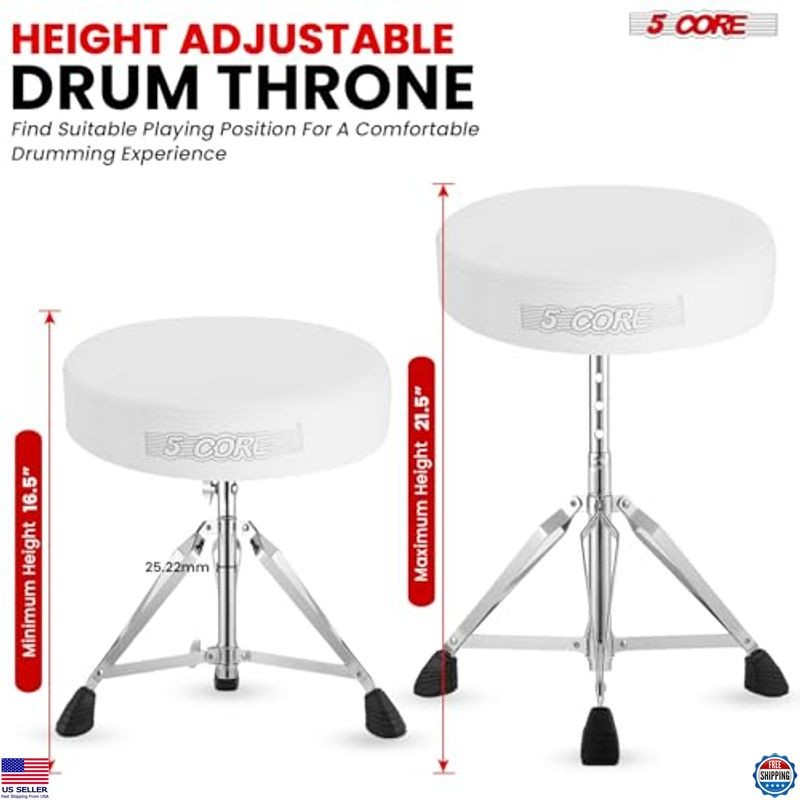 5 CORE Adjustable Drum Throne - 3" Padded Stool, Double-Braced Chair, White