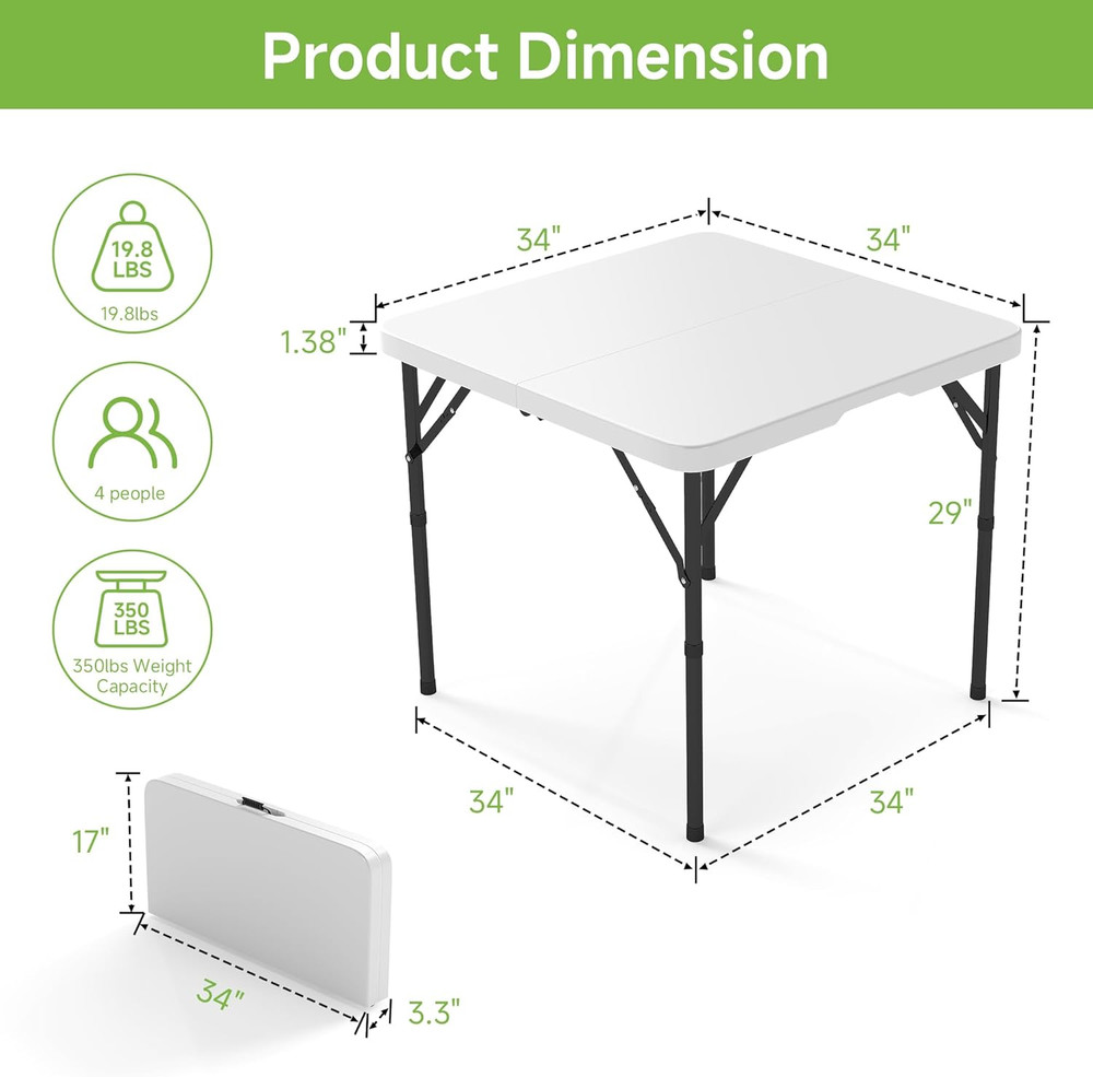 Folding Table, 34" Square Portable Card Table with Handle and Removable Legs for