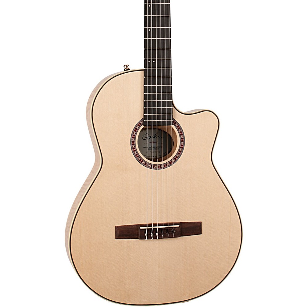 Godin Arena Flame Maple CW EQ Thinline A/E Classical Guitar, Solid Spruce Top