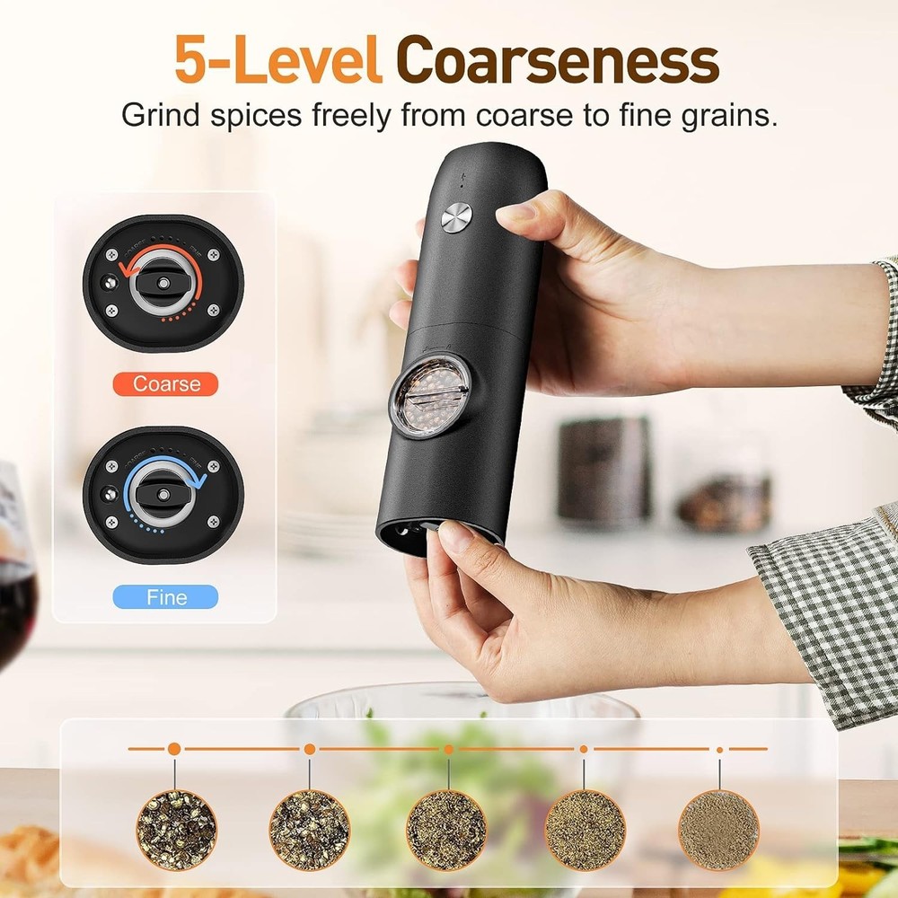 Rechargeable Electric Salt & Pepper Grinder Set | Auto Mill | LED Light | Black