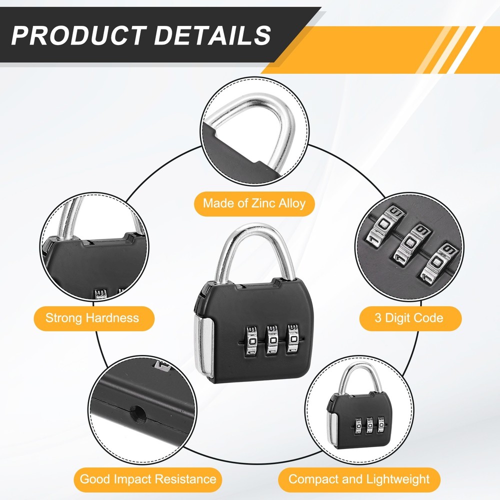 3Pcs Resettable 3 Digit Combination Lock Code Padlock, Black (47 x 36mm)