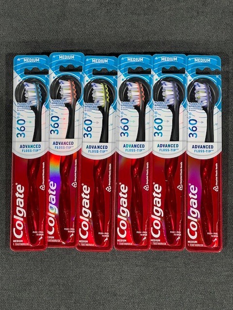 6 PACK Colgate 360 Advanced Floss-Tip Medium Toothbrushes, Various Colors [NEW]