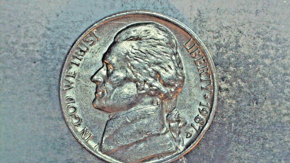 1987 D Jefferson Nickel (w/DDR & die chip error)