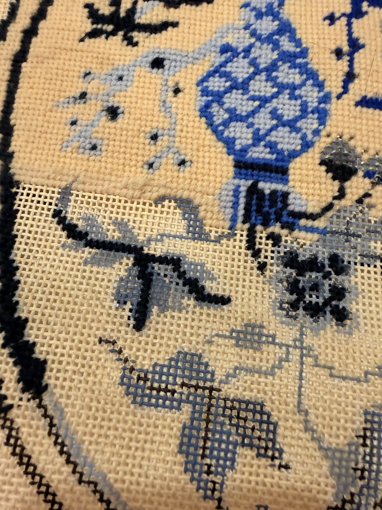 Vintage Needlepoint Tapestry Canvas - Delft Blue Floral Design - started