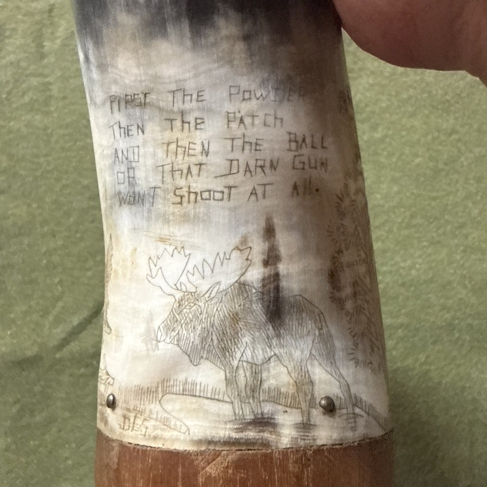 Scrimshaw Muzzleloading Black Powder Powder Horn With Leather Strap