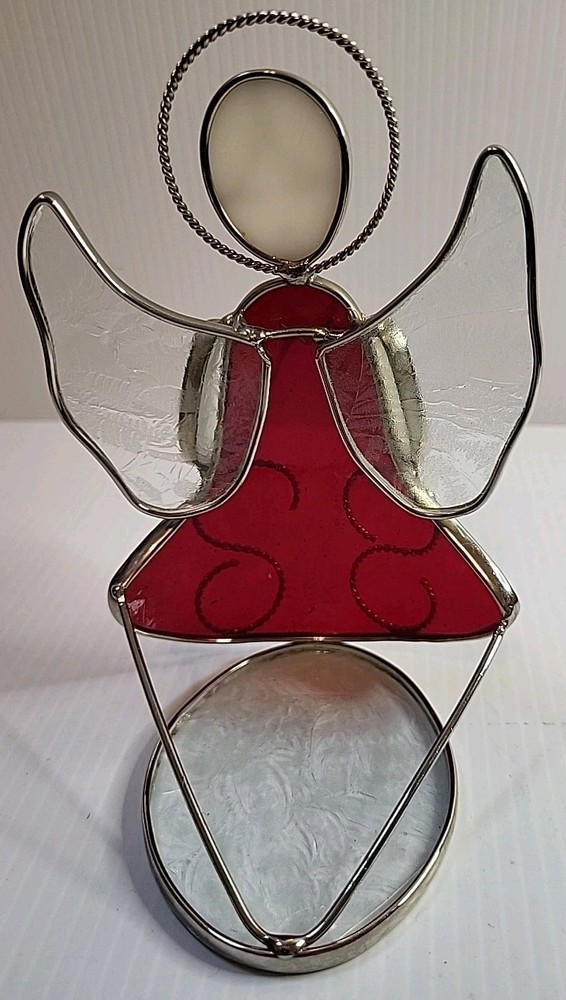 Stained Glass Angle Tealight Candle Holder Red & White 6" X 4"