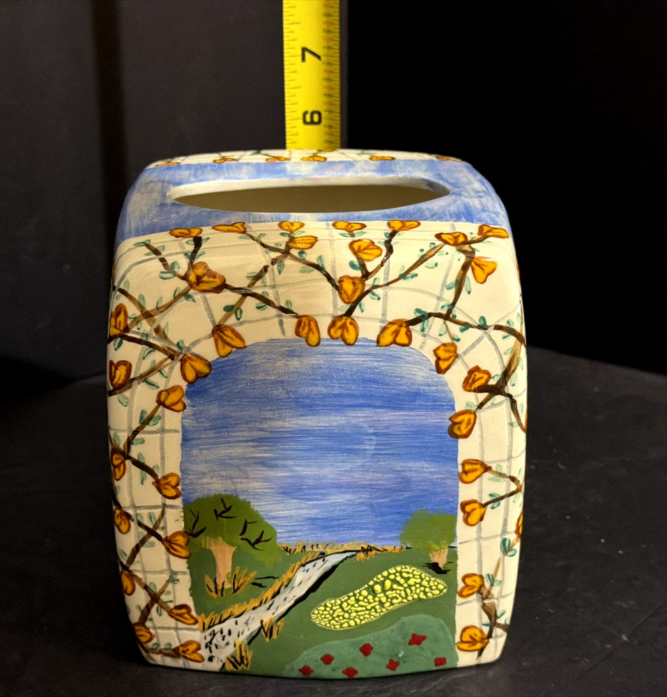Vintage Ceramic Hand Painted Embossed Tissue Box Cover Signed LB.