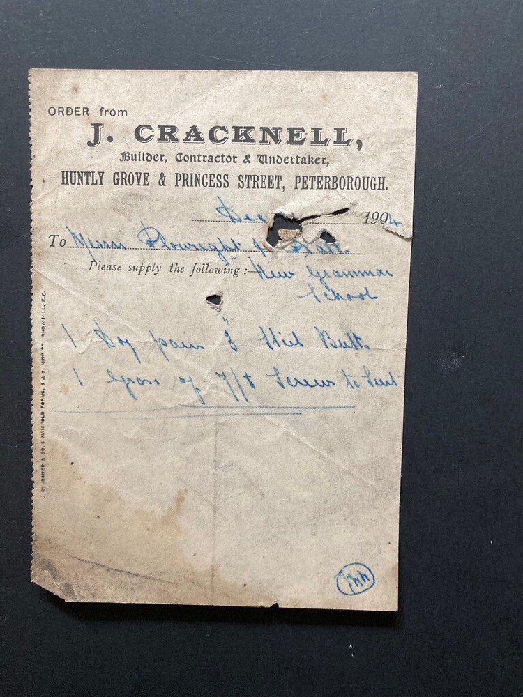 1904 J Cracknell builder undertaker Peterborough Plowright bill advice