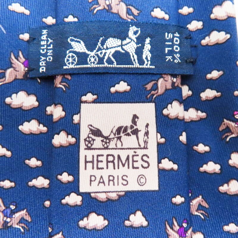M03-k034 HERMES Pegasus pattern silk tie navy