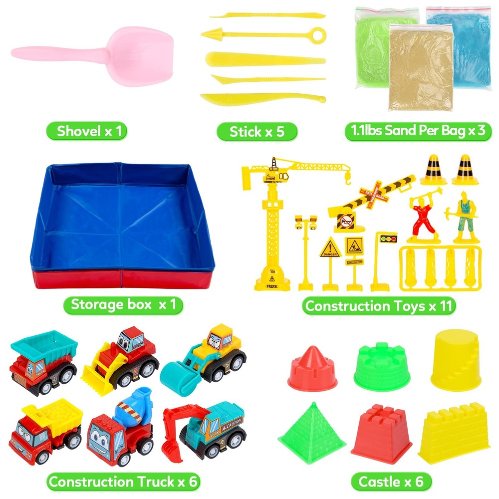 Kids Sand Kit, 43PCS Set w/Tools, 6 Construction Trucks & Castle Molds, Folda...