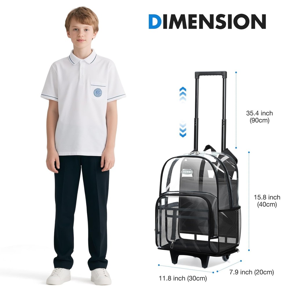 Rolling Clear Backpack Heavy Duty, 3-Stage Telescopic Handle Transparent Book...
