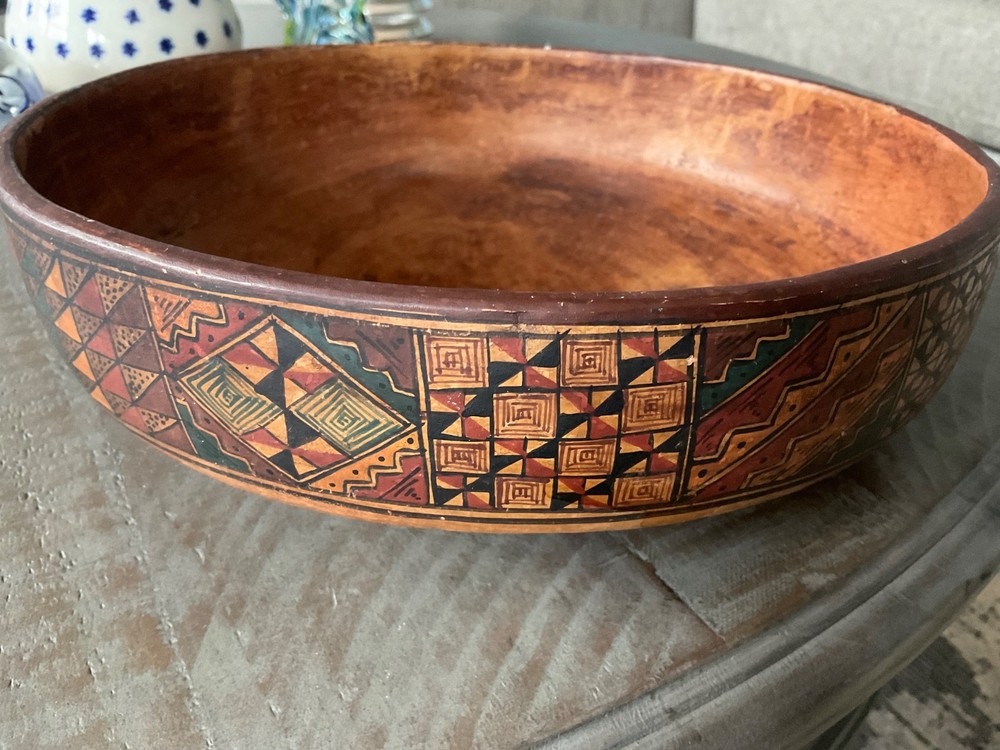 Large 10” Intricate Hand Painted Peruvian Ceramic Red Clay Bowl