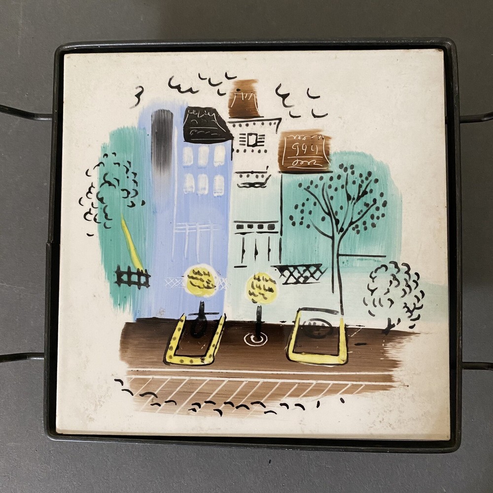MCM Tile Trivet With Painted Cityscape Design
