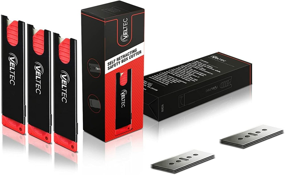 Veltec Auto Retractable Safety Box Cutter, 3 Pack Cutters, 10 Extra Blade