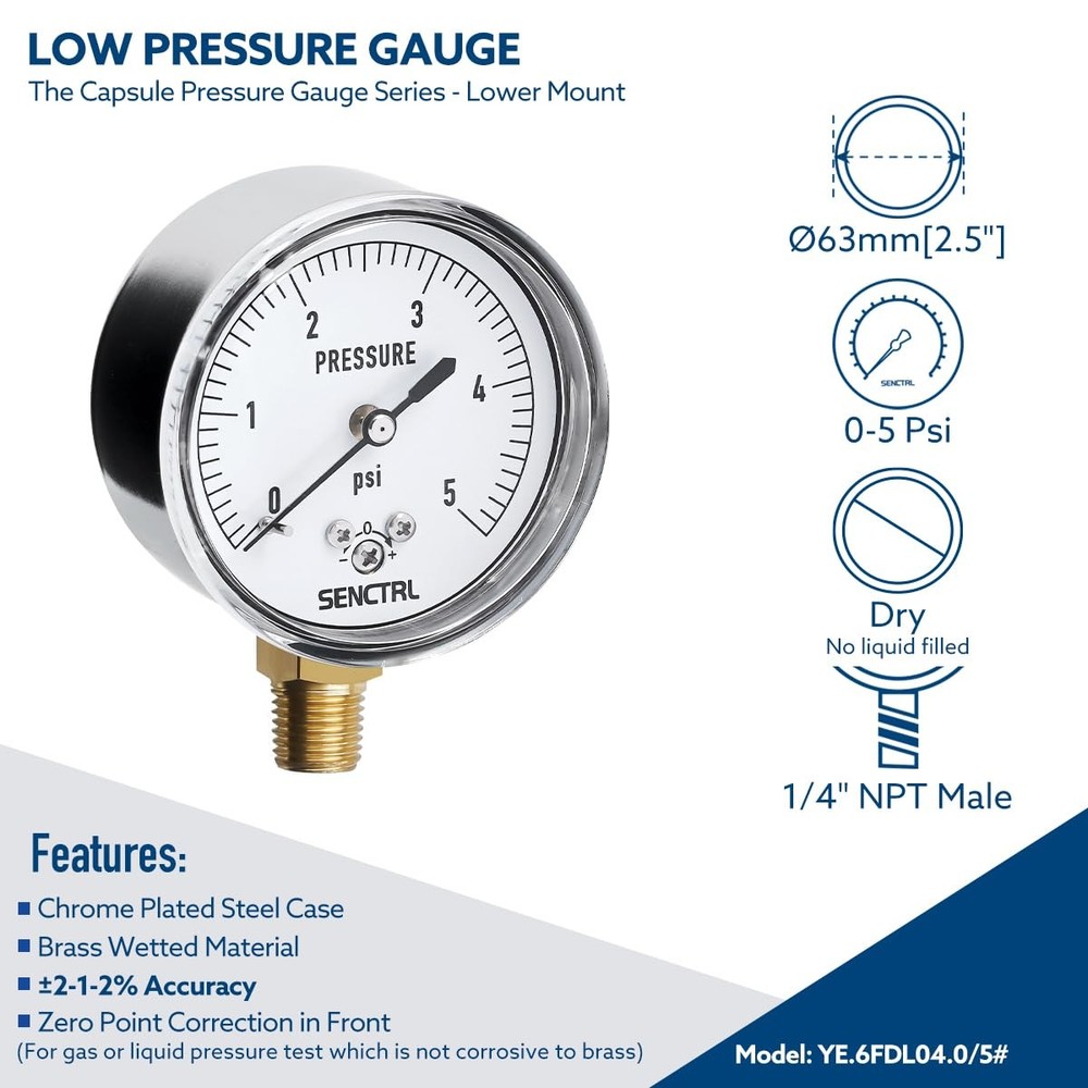 Low Pressure Gauge 0-5 Psi, 2.5" Dial, 1/4" NPT, Zero Adjustment for Testing