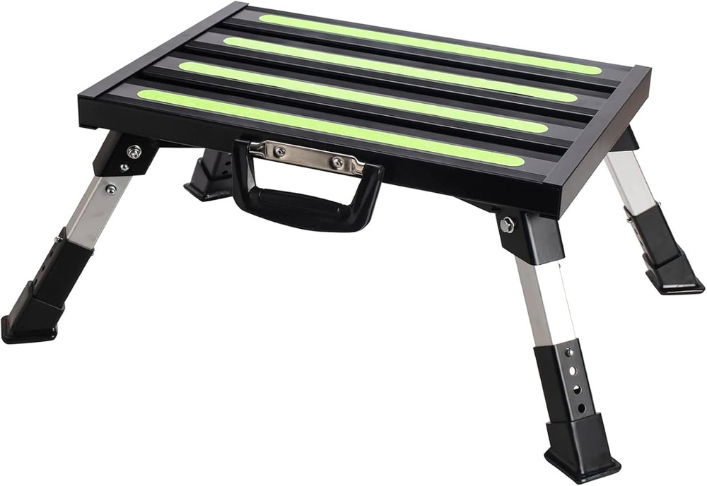 Aluminum RV Steps, 4-Level Adjustable Folding Step Stool with Non-Slip Rubber Fe