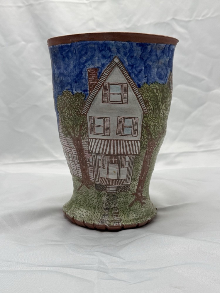 8inch Earthenware Vase With House Scene Marked