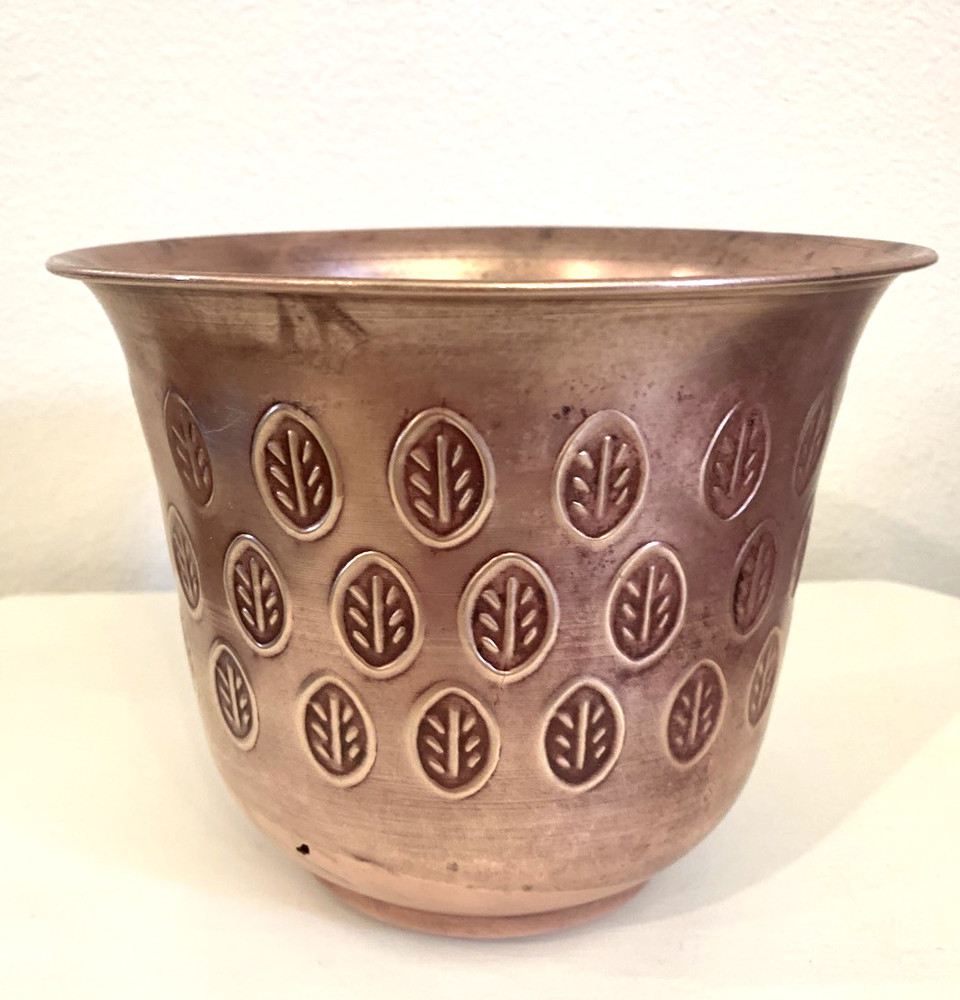 Antique  Solid Copper Flower Planter With Stamped Leaf Design 6”