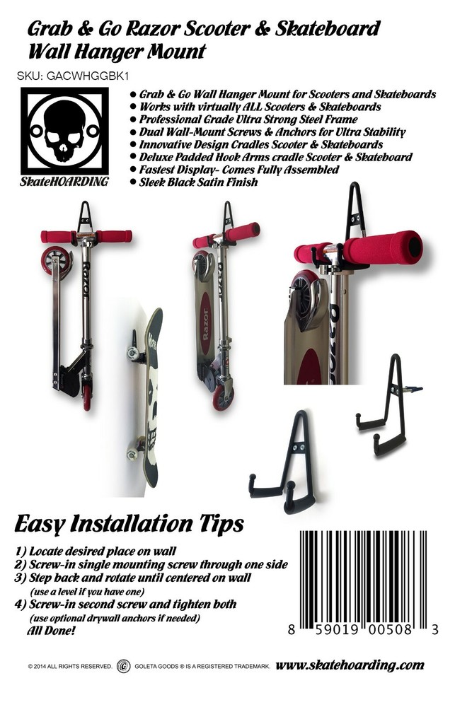 Grab & Go Pro Skateboard Razor Scooter Wall Hanger Mount Storage Completes