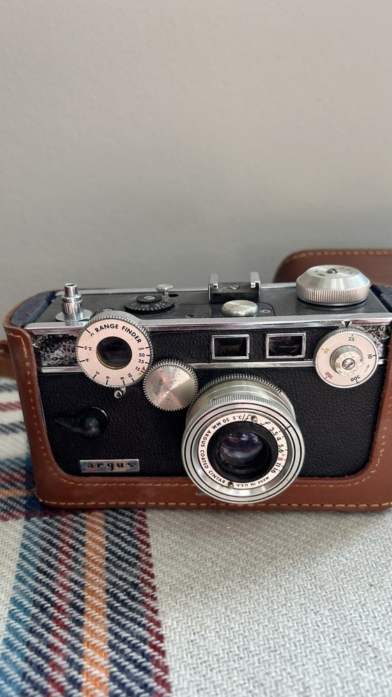 Argus Cintar Rangefinder Camera Black Silver with Brown Leather Case