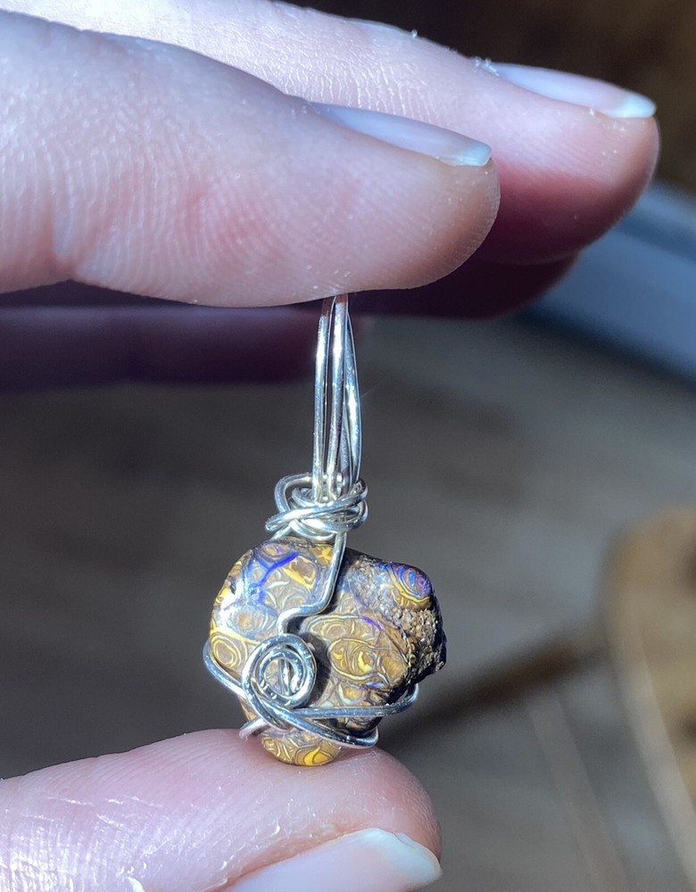 Rough Natural Boulder Opal Sterling Silver Wrap Pendant With Gorgeous Flash