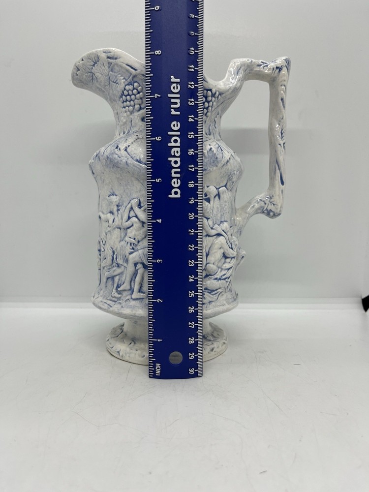 Cherub Grapes Relief Pitcher Blue On White Signed