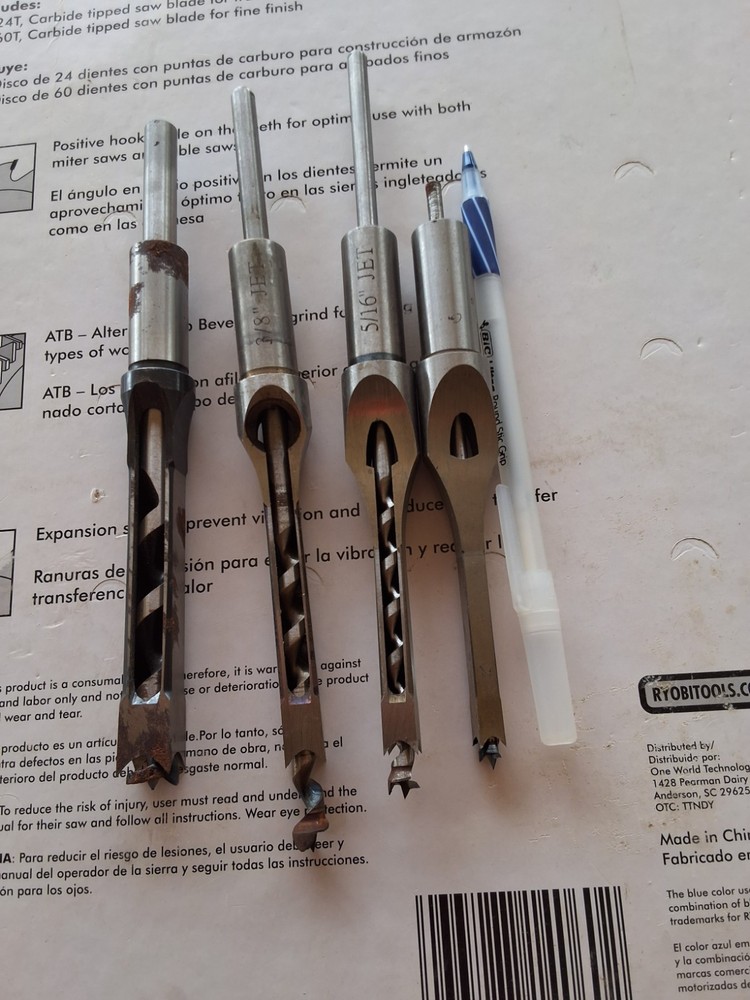 set of four, mortising bits and chisel