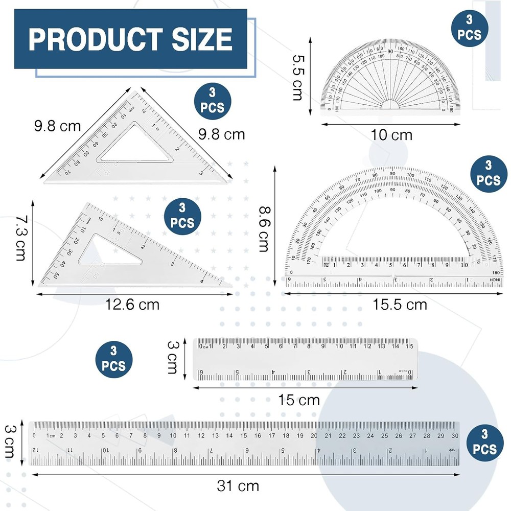 Tenare 18 Pcs Plastic Clear Math Set Includes Protractor Triangle Rulers 12...