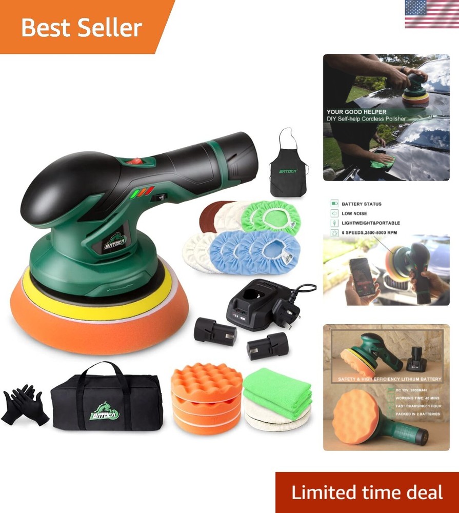 Battery Powered Car Buffer Polisher - Includes 2 Batteries & Fast Charger, Green