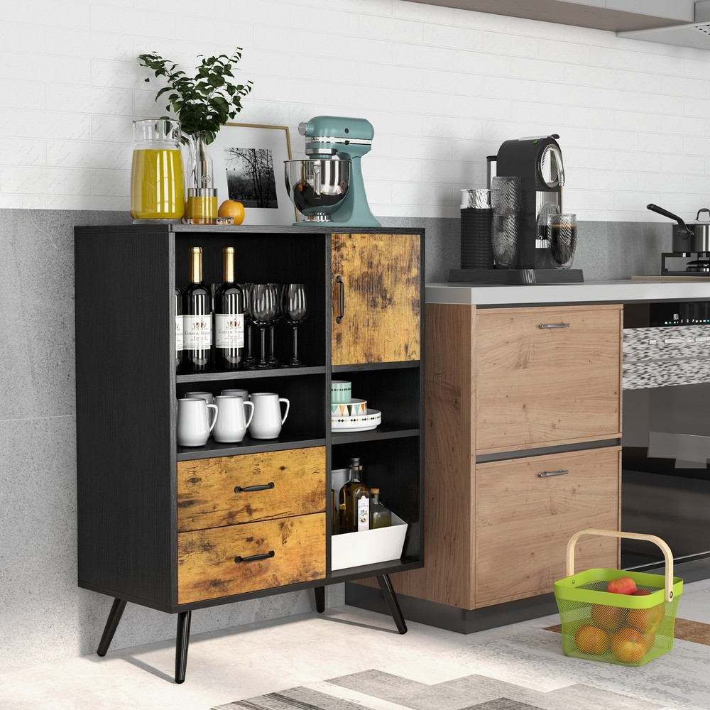 Buffet Cabinet w/ Spacious Tabletop & 2 Pull-out Drawers Rustic Brown Black