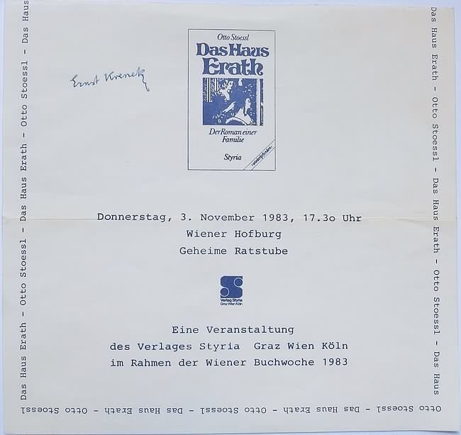 Ernst Krenek Autograph on Invitation, 1983. CoA