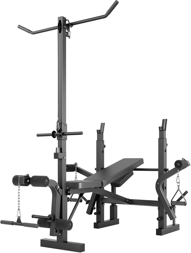 Adjustable Bench Press Station Weight Bench Home w/ Leg Extension & LAT Pulldown
