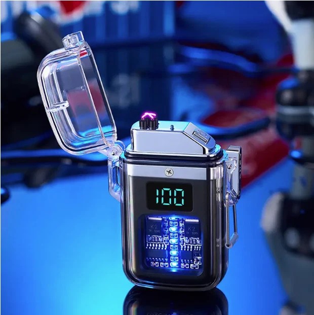 1X Transparent shell waterproof rechargeable pulse lighter with digital display