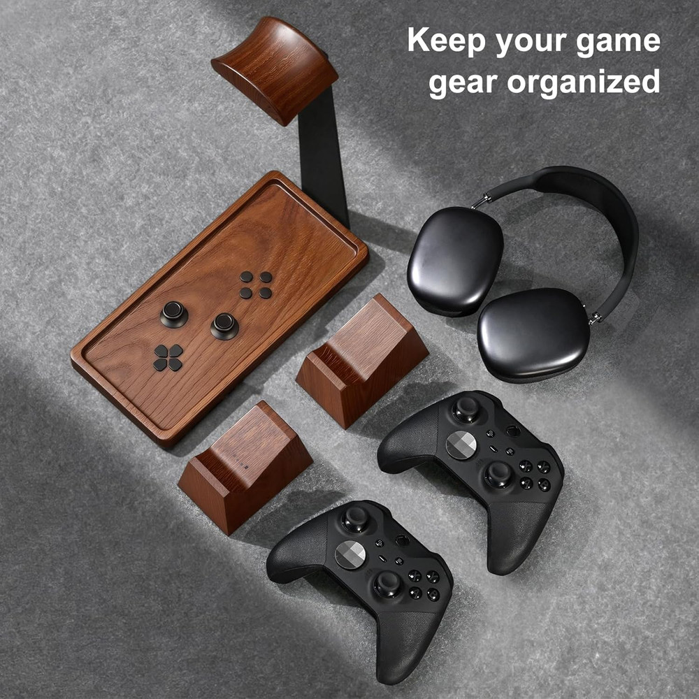 Headset Stand with 2 Controller Holders - Solid Wood & Metal Gaming Headphone Ho