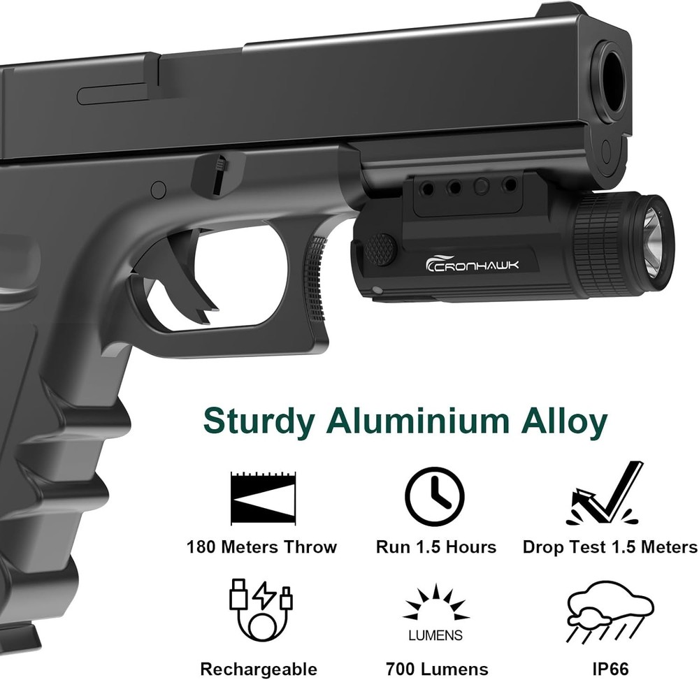 Pistol Flashlight Rechargeable 700 Lumen Rail Mounted Tactical Flashlight Com...