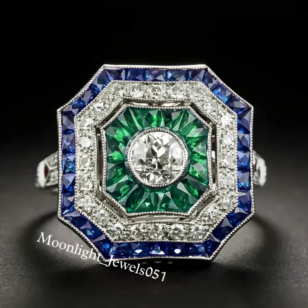 Art Deco Round Lab Created Diamond Emerald & Sapphire 925 Silver Engagement Ring
