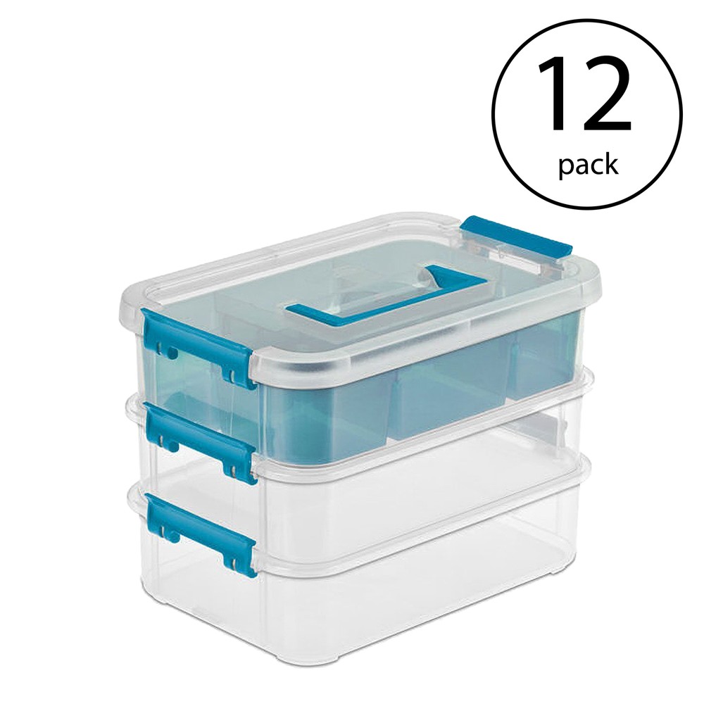 Sterilite Convenient Home 3-Tiered Stacking Carry Storage Box, Clear (12 Pack)
