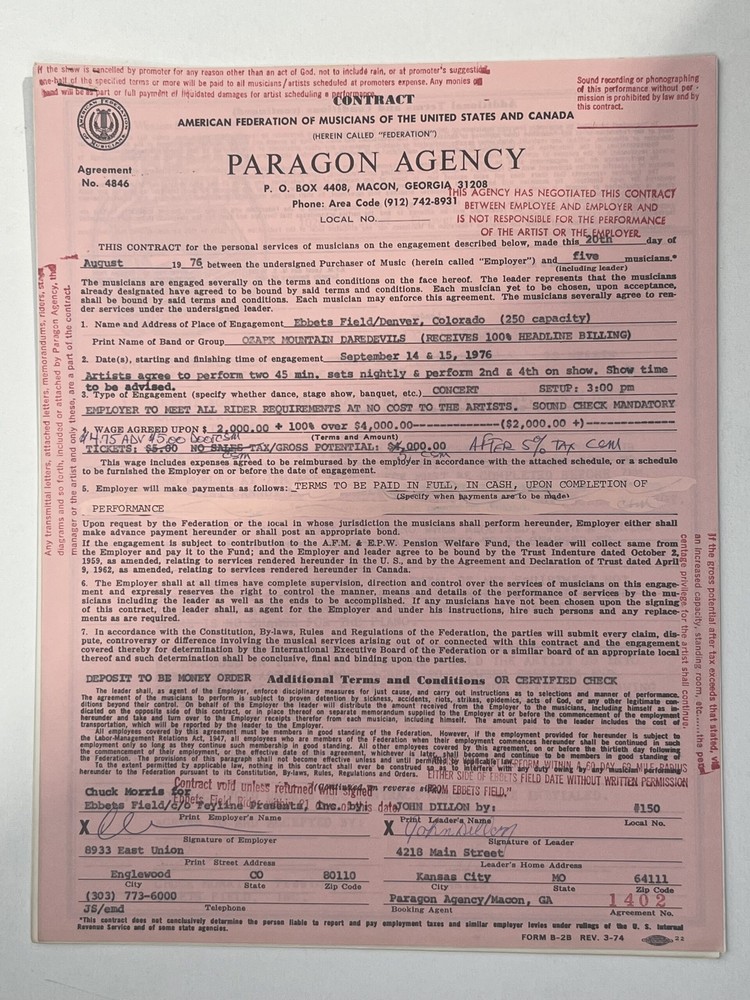 Ozark Mountain Daredevils Concert Contract 1976 Denver CO