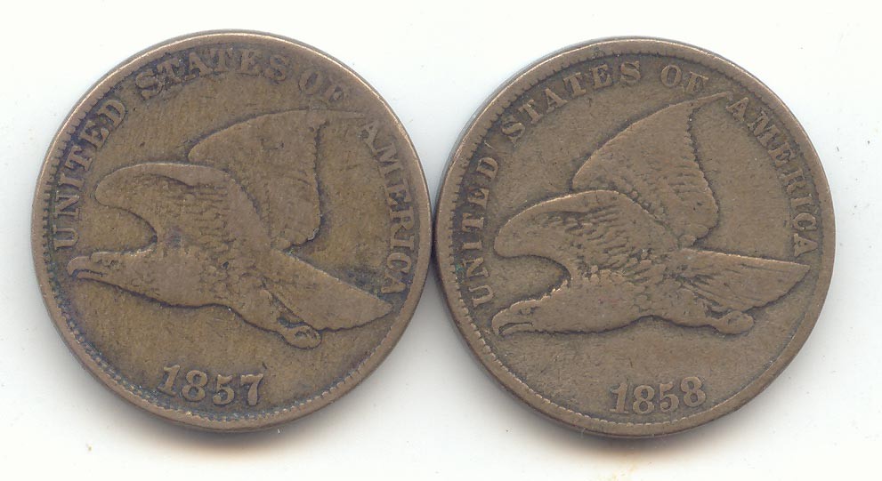 2 Flying Eagle Cent, Both Fine-VF, 1857, 1858 Small Letters