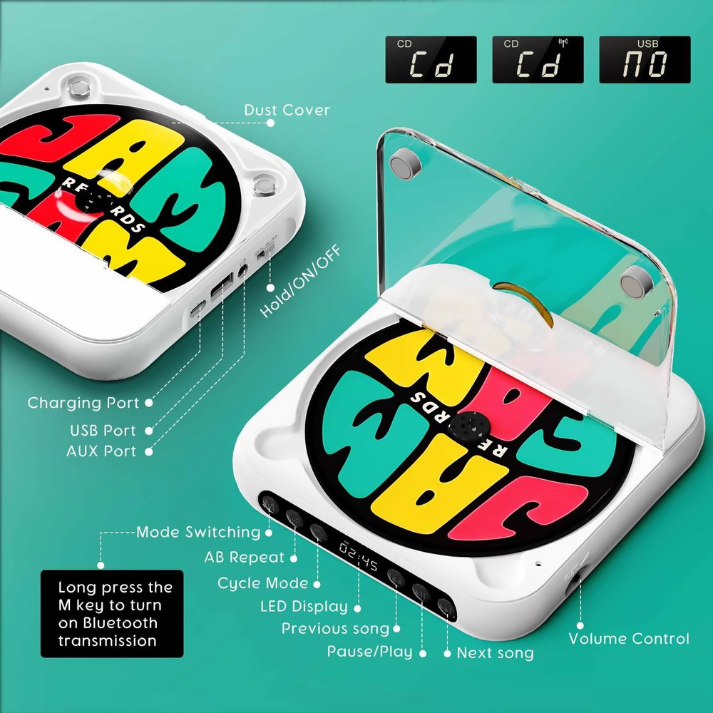 1PC Versatile CD Player 5V2A BT 5.3 CD/CD-R/CD-RW/MP3/WAV Essential For Learning